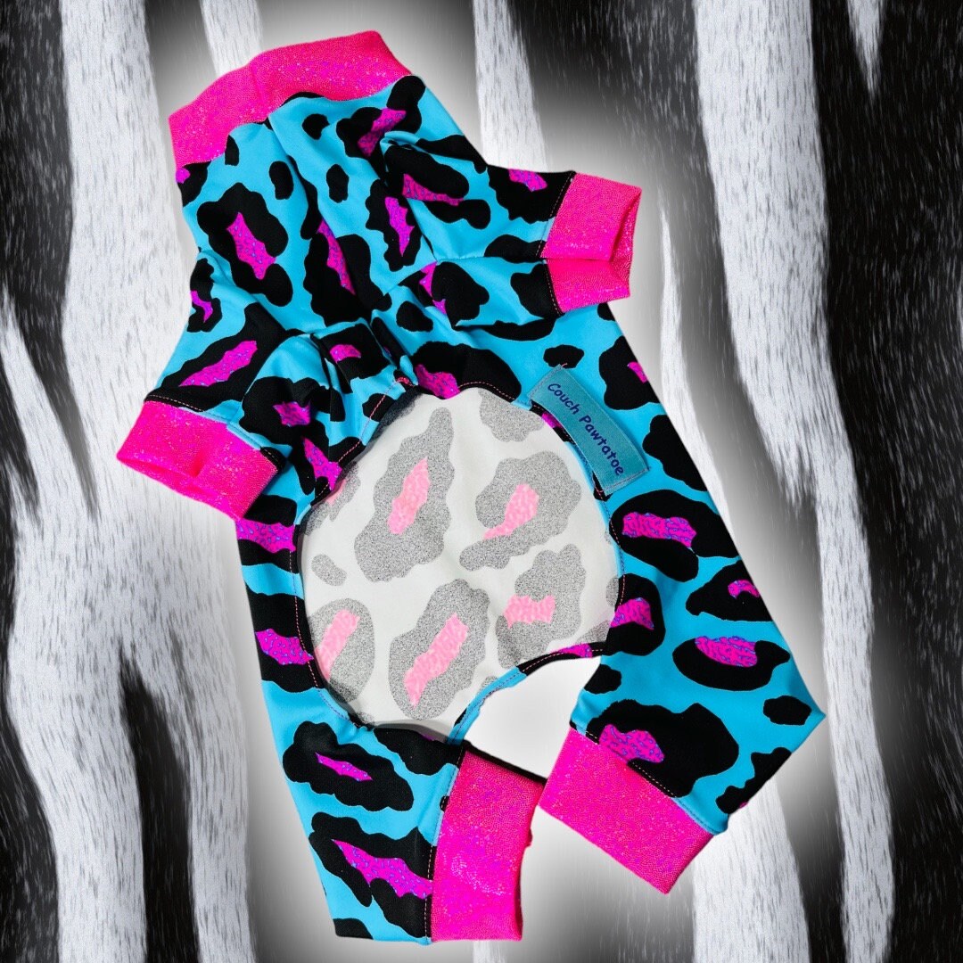 ELECTRIC BLUE LEOPARD Dog Onesie, Small Pet Jammies