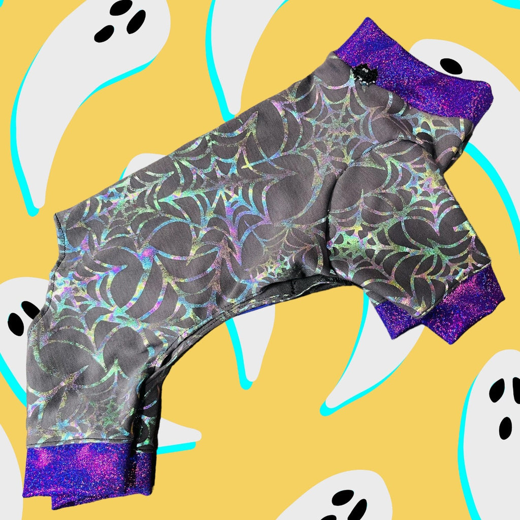HOLOGRAPHIC SPIDERWEB Dog Onesie, Halloween Jammies for Small Pets, Handmade Stretch Dog Clothing