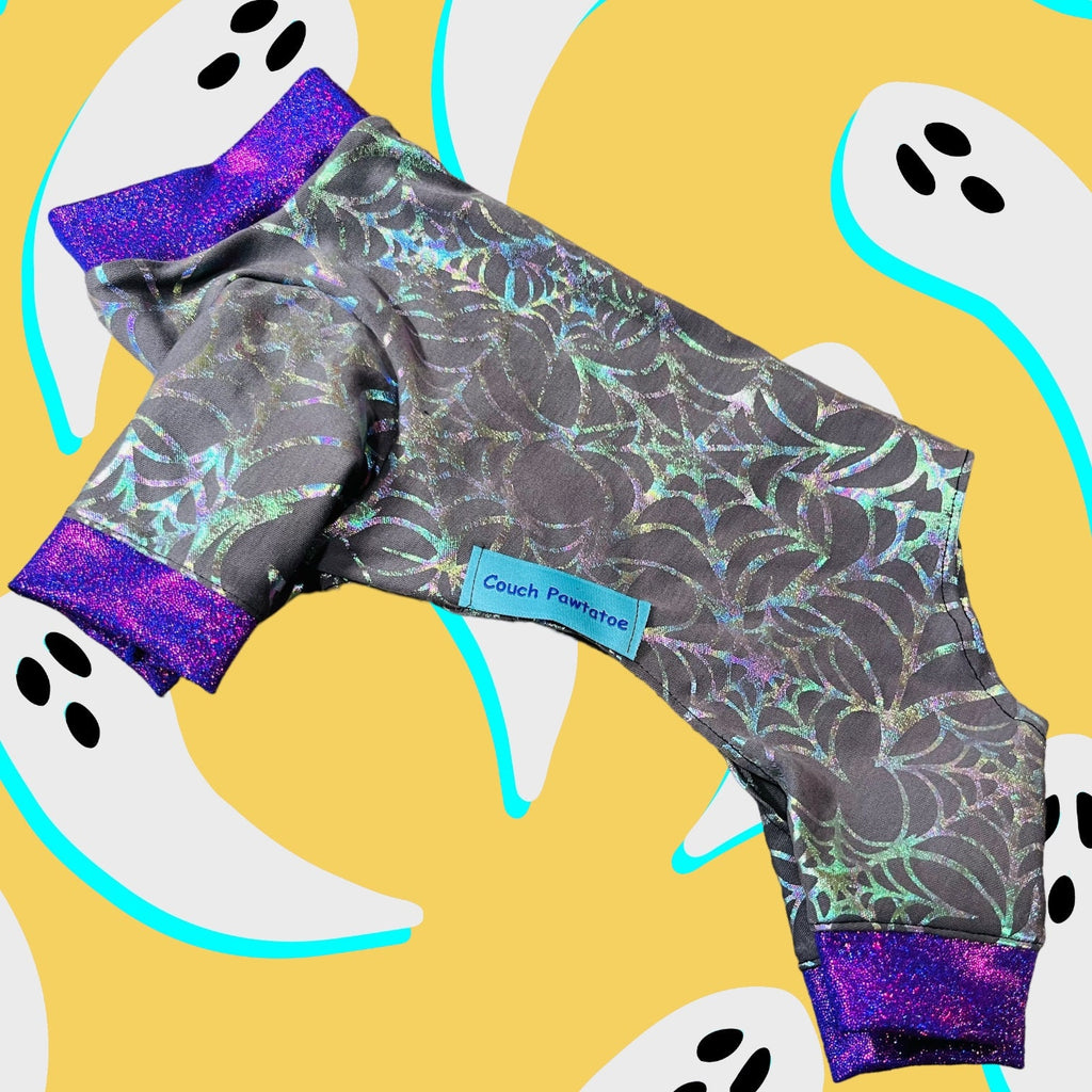 HOLOGRAPHIC SPIDERWEB Dog Onesie, Halloween Jammies for Small Pets, Handmade Stretch Dog Clothing