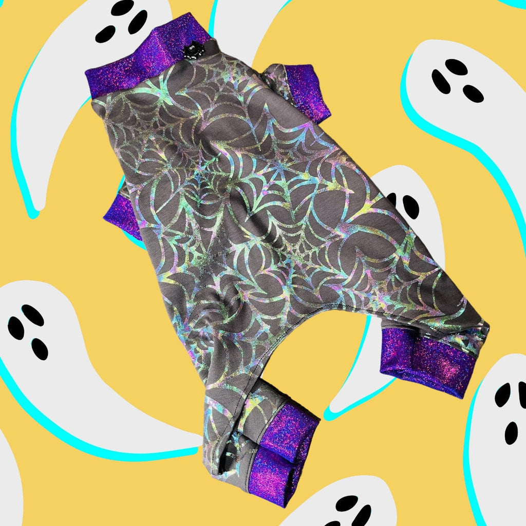 HOLOGRAPHIC SPIDERWEB Dog Onesie, Halloween Jammies for Small Pets, Handmade Stretch Dog Clothing