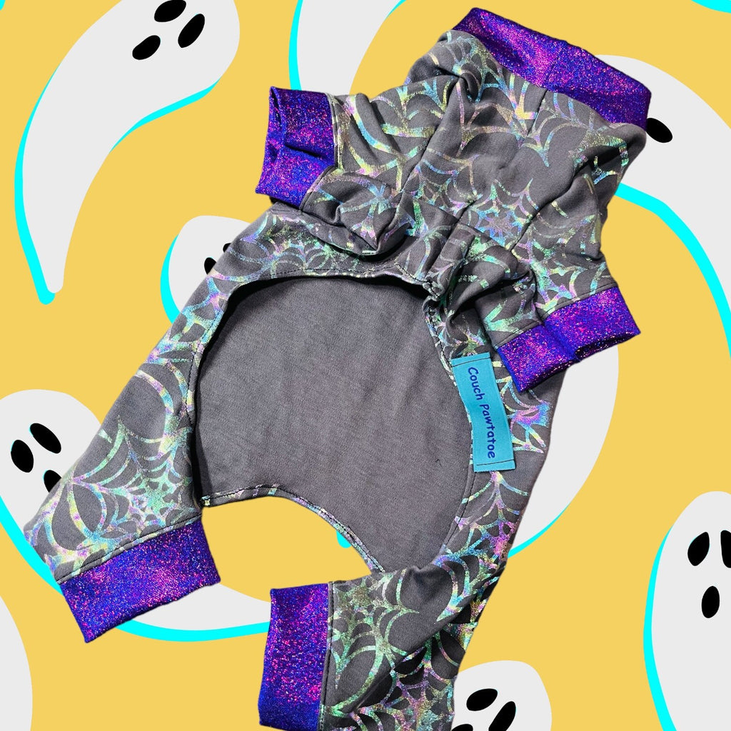 HOLOGRAPHIC SPIDERWEB Dog Onesie, Halloween Jammies for Small Pets, Handmade Stretch Dog Clothing