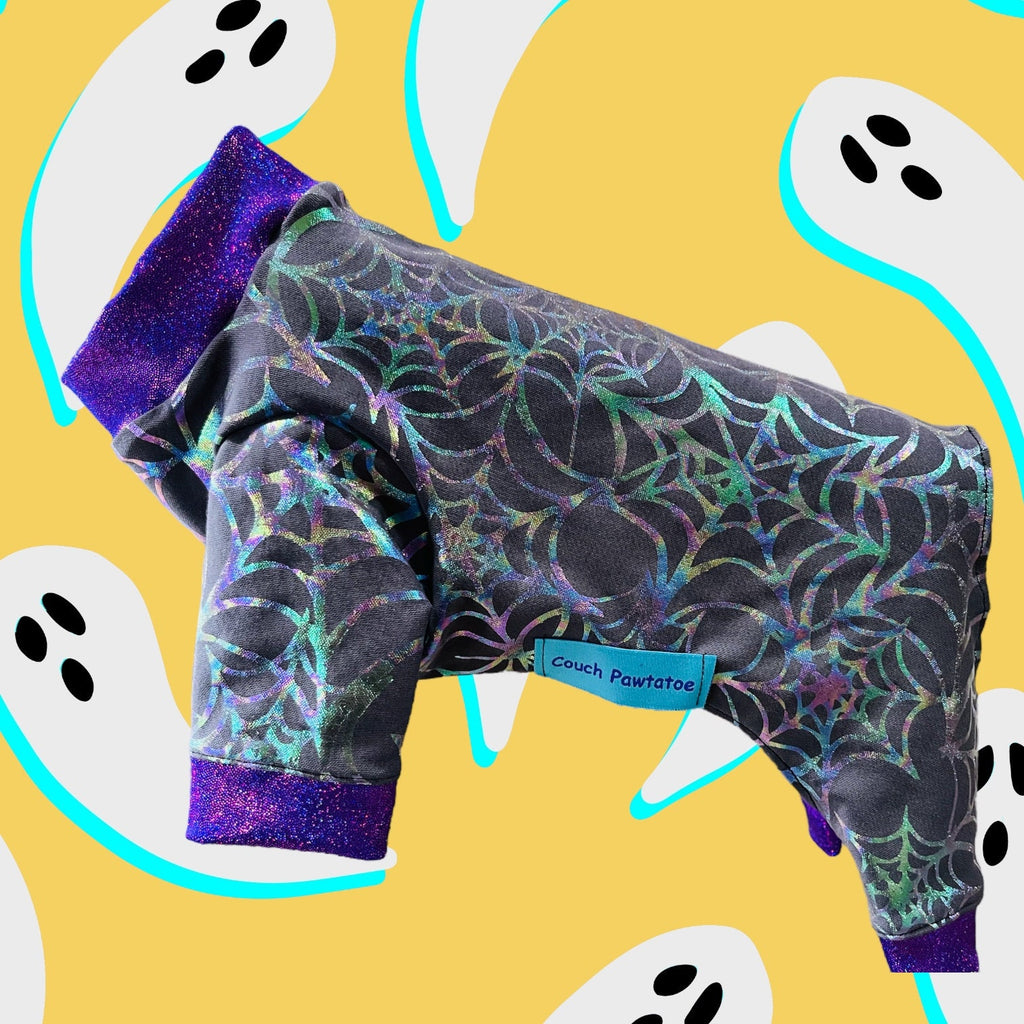 HOLOGRAPHIC SPIDERWEB Dog Onesie, Halloween Jammies for Small Pets, Handmade Stretch Dog Clothing