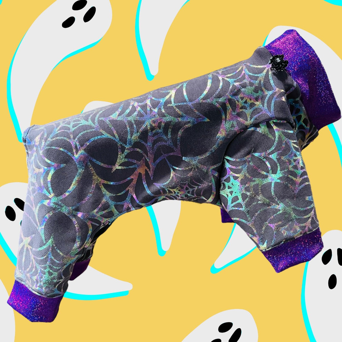 HOLOGRAPHIC SPIDERWEB Dog Onesie, Halloween Jammies for Small Pets, Handmade Stretch Dog Clothing