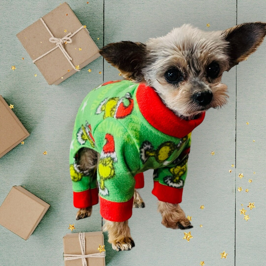 FEELING GRINCHY FLEECE Jammies for Small Dogs, Handmade Holiday Onesie