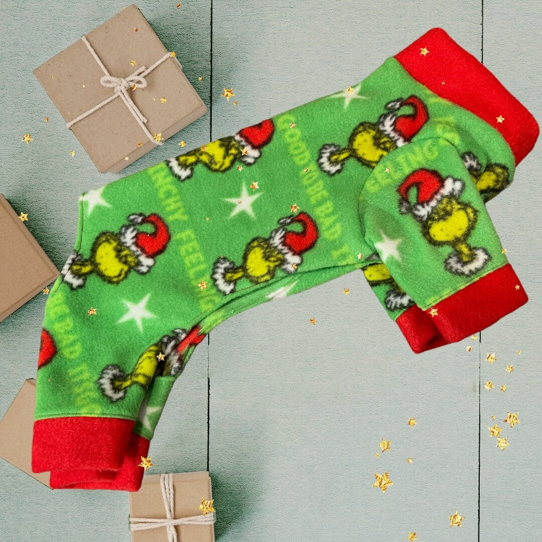 FEELING GRINCHY FLEECE Jammies for Small Dogs, Handmade Holiday Onesie