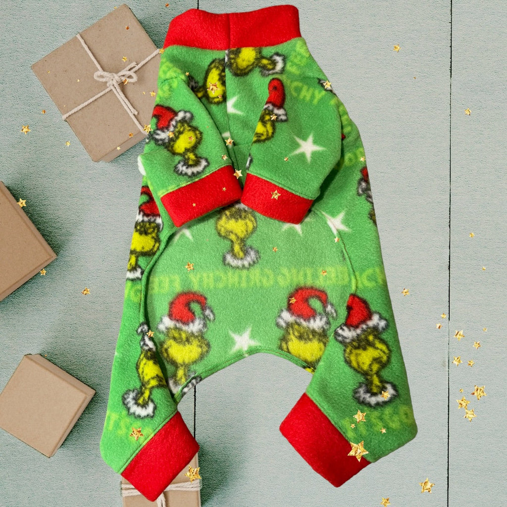 FEELING GRINCHY FLEECE Jammies for Small Dogs, Handmade Holiday Onesie
