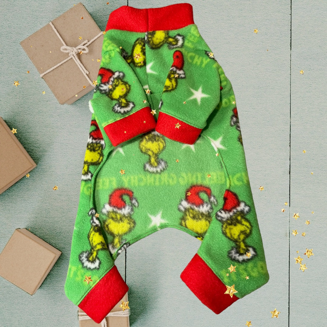 FEELING GRINCHY FLEECE Jammies for Small Dogs, Handmade Holiday Onesie
