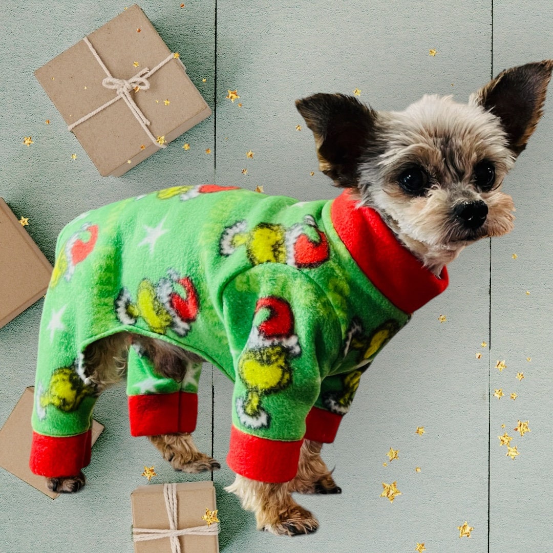 FEELING GRINCHY FLEECE Jammies for Small Dogs, Handmade Holiday Onesie