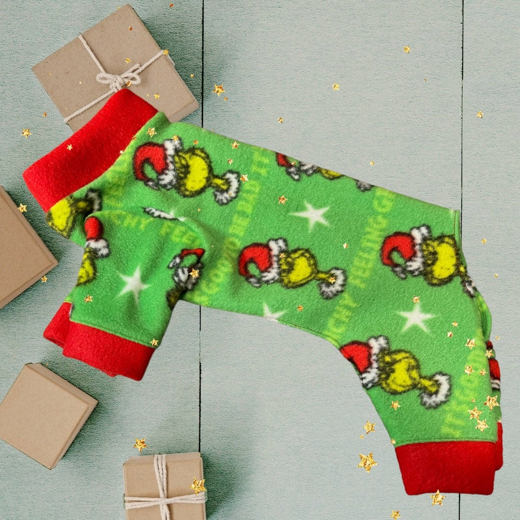 FEELING GRINCHY FLEECE Jammies for Small Dogs, Handmade Holiday Onesie