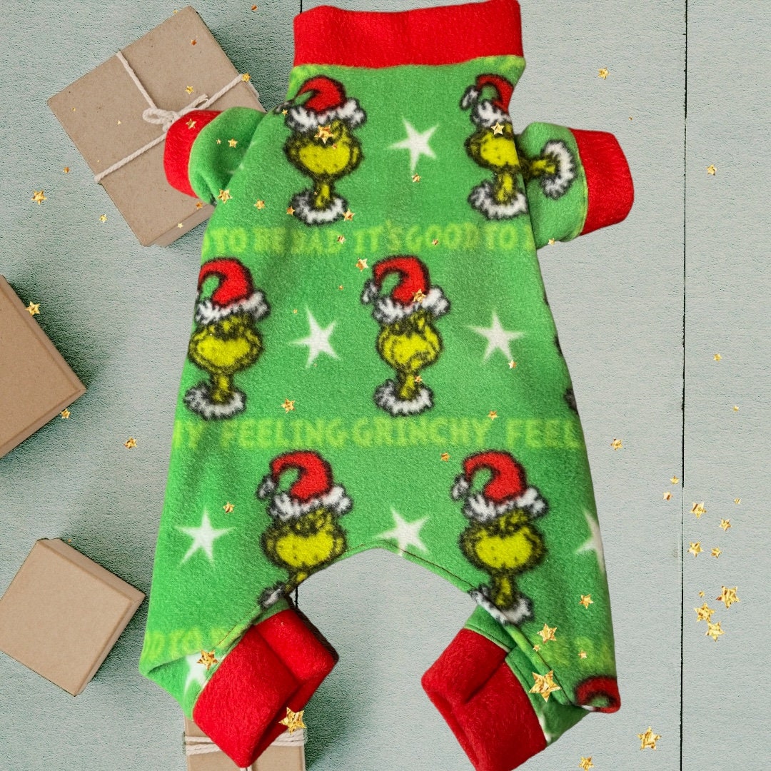 FEELING GRINCHY FLEECE Jammies for Small Dogs, Handmade Holiday Onesie