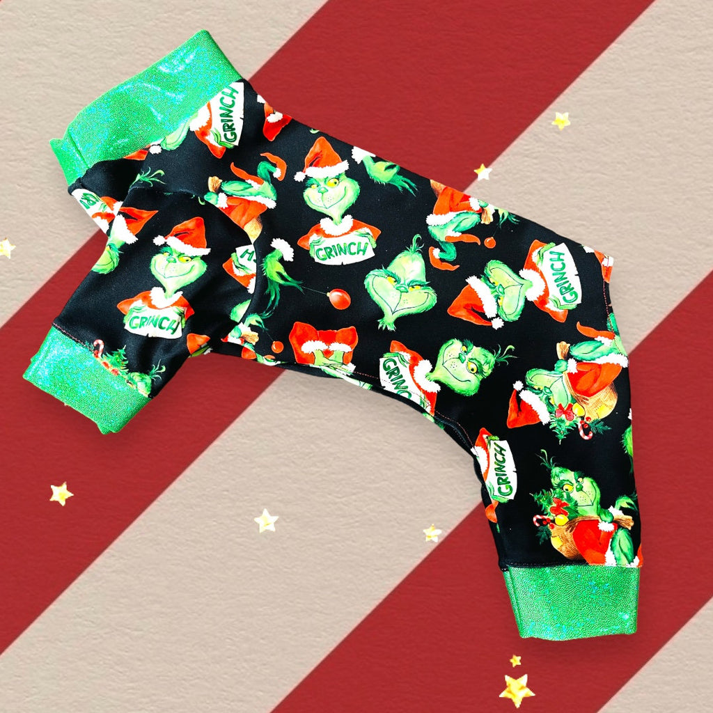 MEAN 1 Mr GRINCH Onesie for Small Pets, Handmade Stretch Jammies