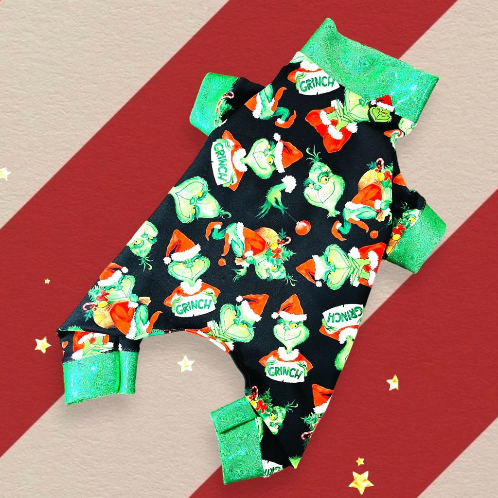 MEAN 1 Mr GRINCH Onesie for Small Pets, Handmade Stretch Jammies