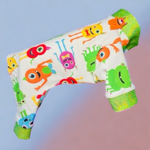 MONSTER MANIA Dog Jammies, Lightweight Stretch Onesie for Small Pets, Handmade Clothing