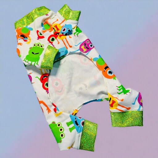MONSTER MANIA Dog Jammies, Lightweight Stretch Onesie for Small Pets, Handmade Clothing