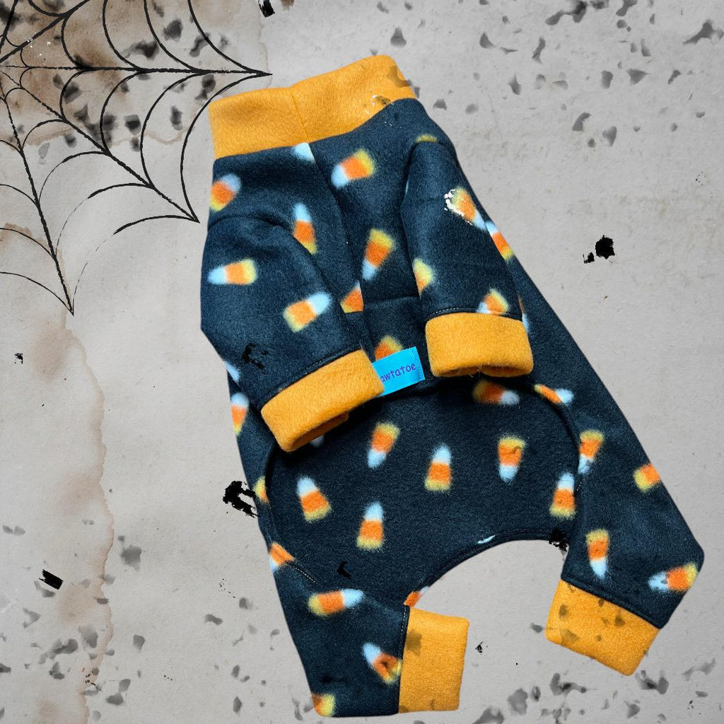 CANDY CORN FLEECE Dog Jammies: Halloween Pet Onesie