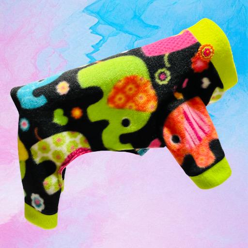 ELEPHANTS on PARADE Fleece Dog Jammies: Handmade Cozy Onesie