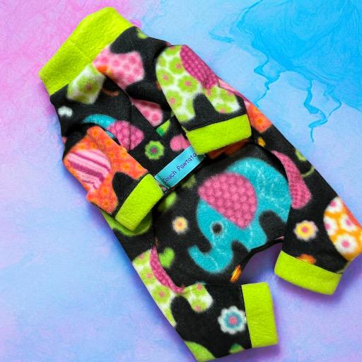 ELEPHANTS on PARADE Fleece Dog Jammies: Handmade Cozy Onesie