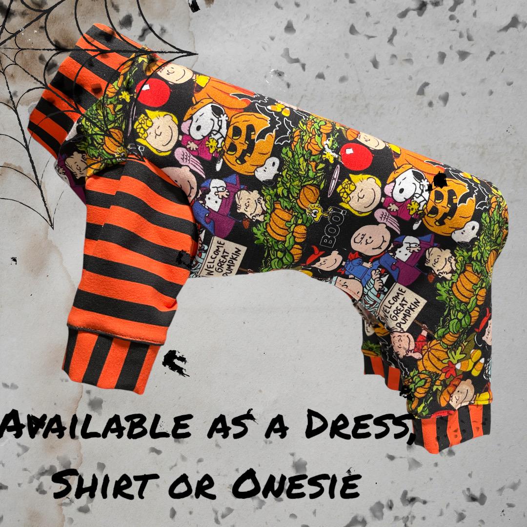 HALLOWEEN PEANUTS Onesie, Spandex Stretch Clothing for Small Pets, Handmade Dog Jammies