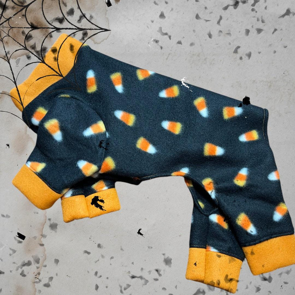 CANDY CORN FLEECE Dog Jammies: Halloween Pet Onesie
