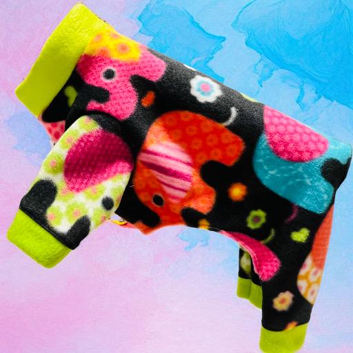 ELEPHANTS on PARADE Fleece Dog Jammies: Handmade Cozy Onesie
