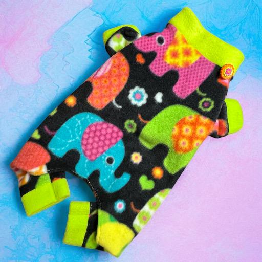 ELEPHANTS on PARADE Fleece Dog Jammies: Handmade Cozy Onesie