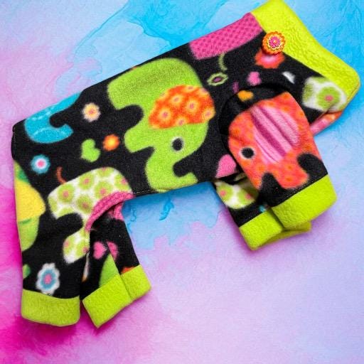 ELEPHANTS on PARADE Fleece Dog Jammies: Handmade Cozy Onesie