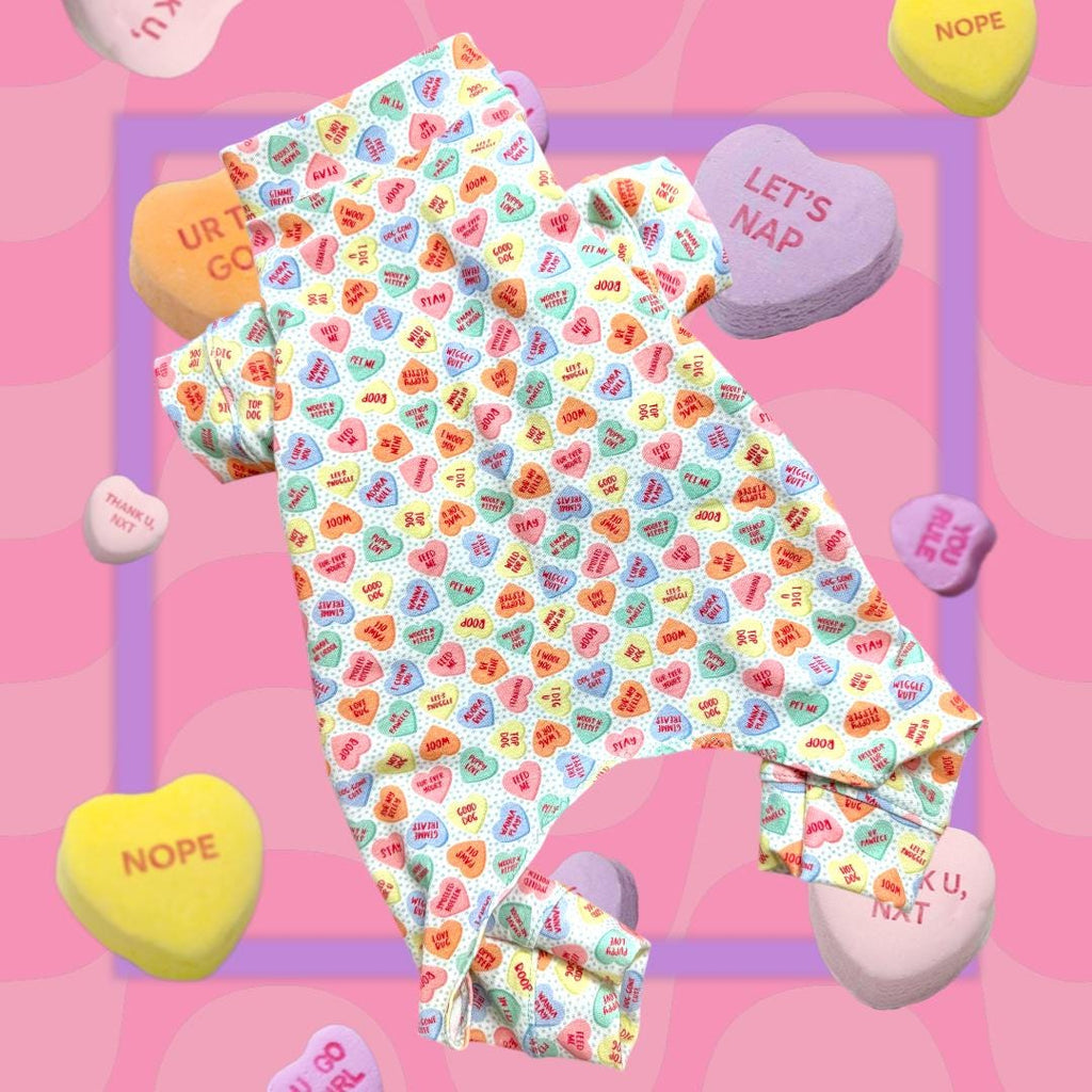 CANDY HEART JAMMIES for Small Pets, Stretch Onesie, Handmade Dog Clothing
