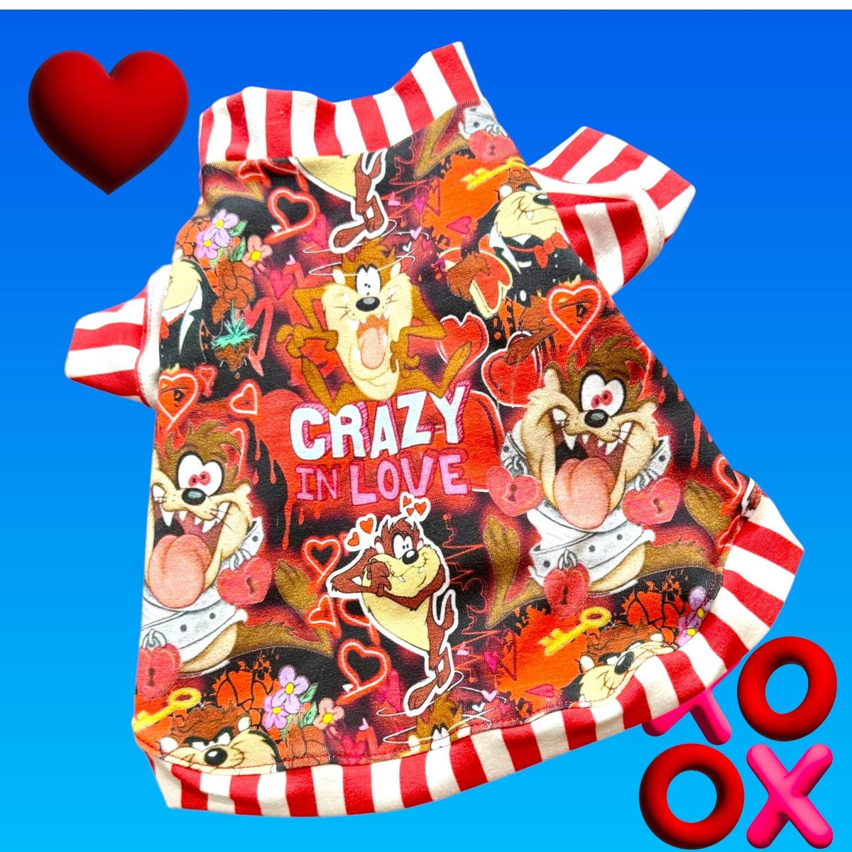 CRAZY IN LOVE, Taz Print Cotton Spandex Shirt for Small Pets, Handmade Stretch Dog Clothing