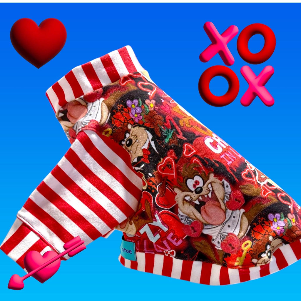 CRAZY IN LOVE, Taz Print Cotton Spandex Shirt for Small Pets, Handmade Stretch Dog Clothing