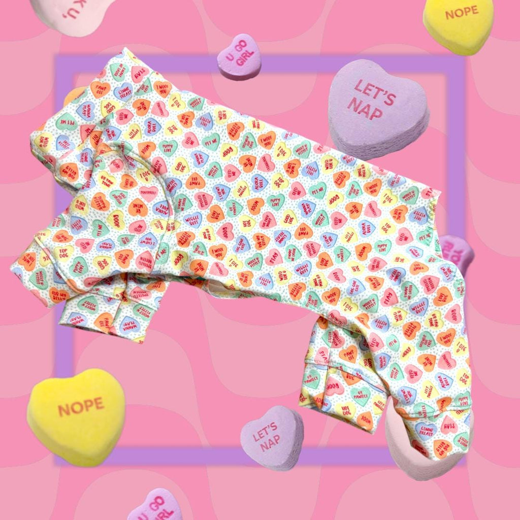 CANDY HEART JAMMIES for Small Pets, Stretch Onesie, Handmade Dog Clothing