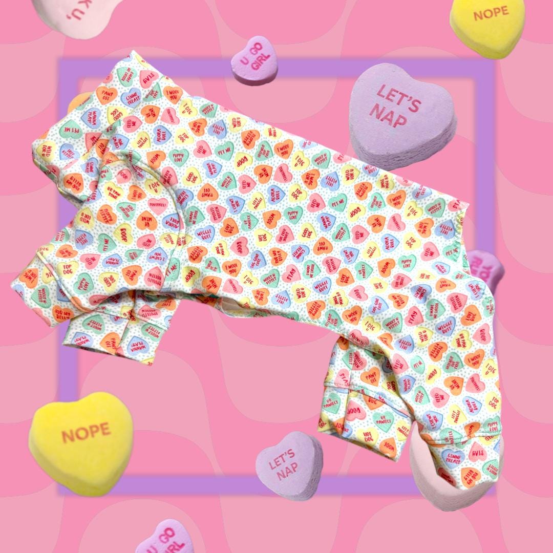 CANDY HEART JAMMIES for Small Pets, Stretch Onesie, Handmade Dog Clothing