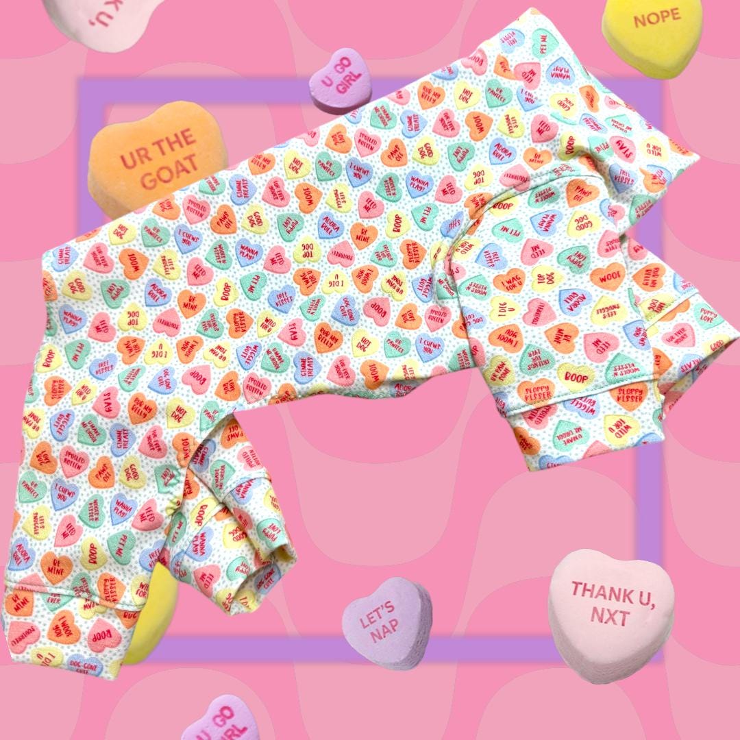CANDY HEART JAMMIES for Small Pets, Stretch Onesie, Handmade Dog Clothing
