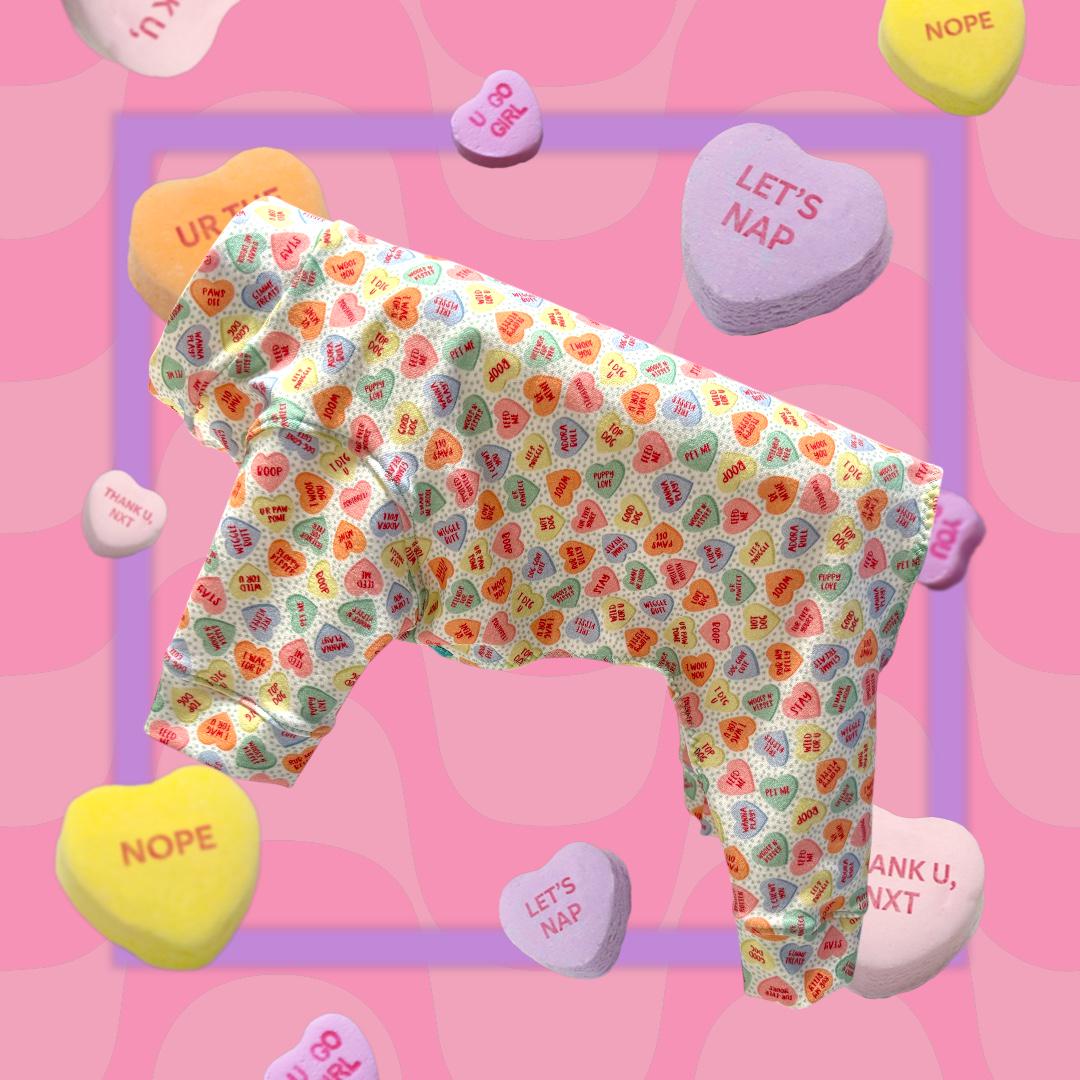 CANDY HEART JAMMIES for Small Pets, Stretch Onesie, Handmade Dog Clothing