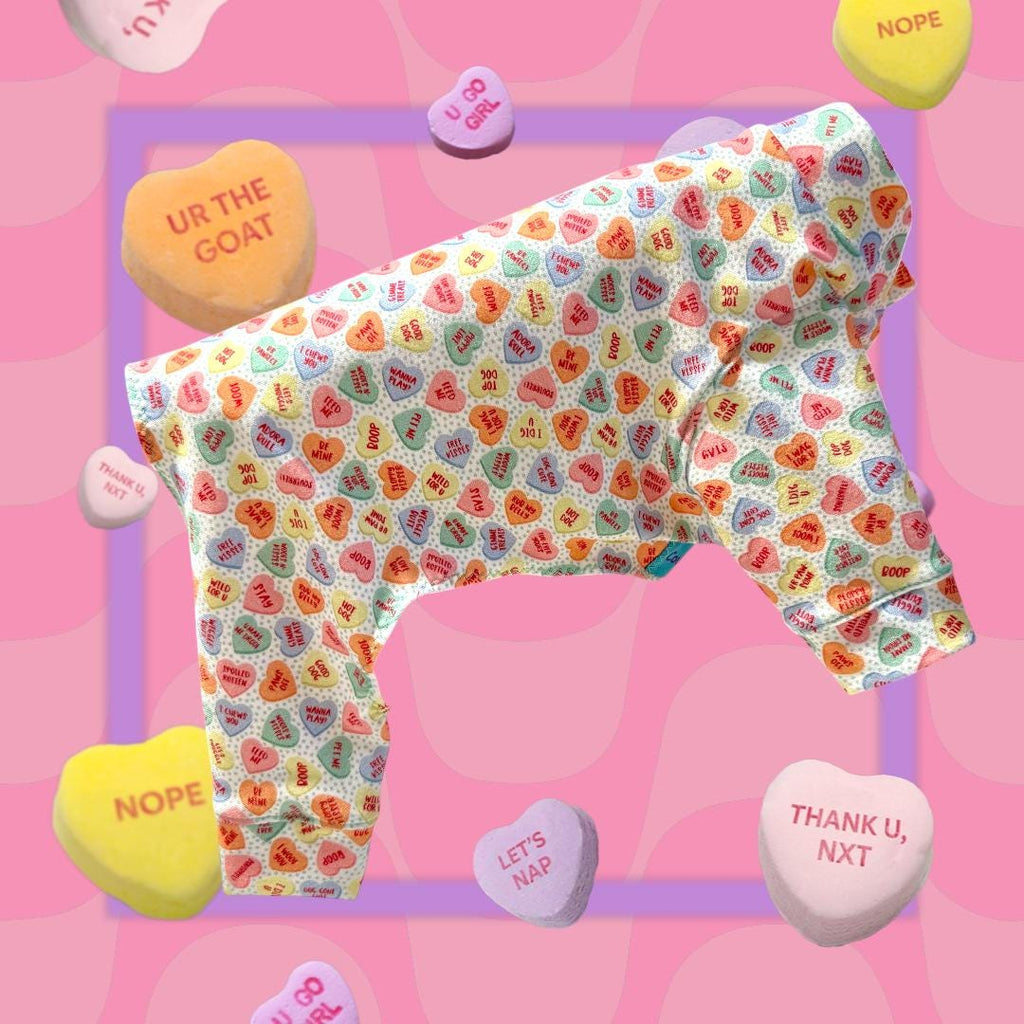 CANDY HEART JAMMIES for Small Pets, Stretch Onesie, Handmade Dog Clothing