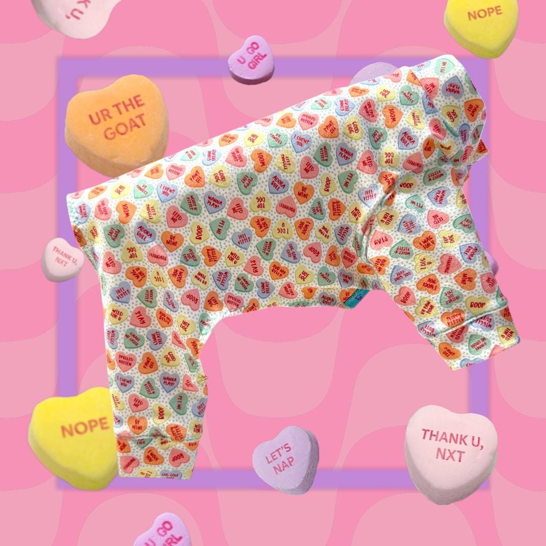 CANDY HEART JAMMIES for Small Pets, Stretch Onesie, Handmade Dog Clothing