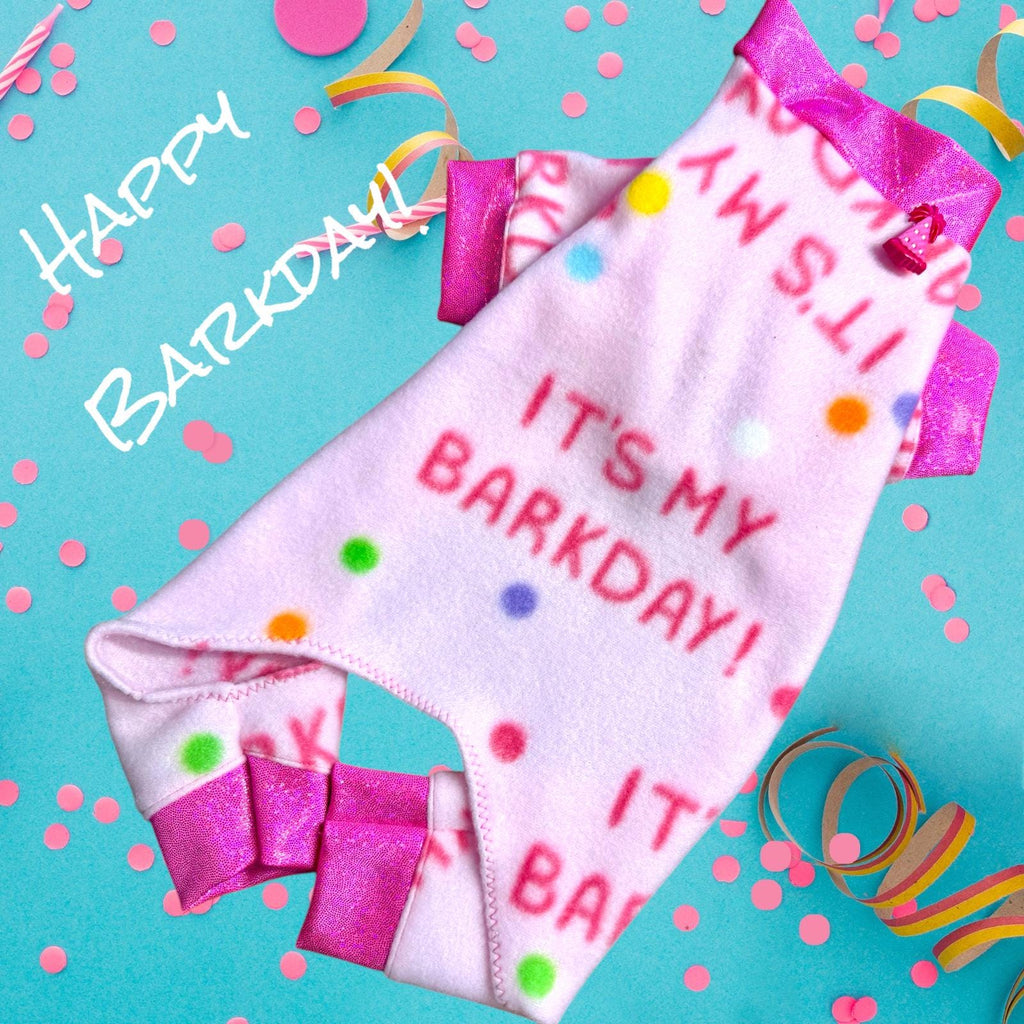 CELEBRATE MY BARKDAY In a Pink Fleece Onesie for Small Pets, Handmade Dog Apparel