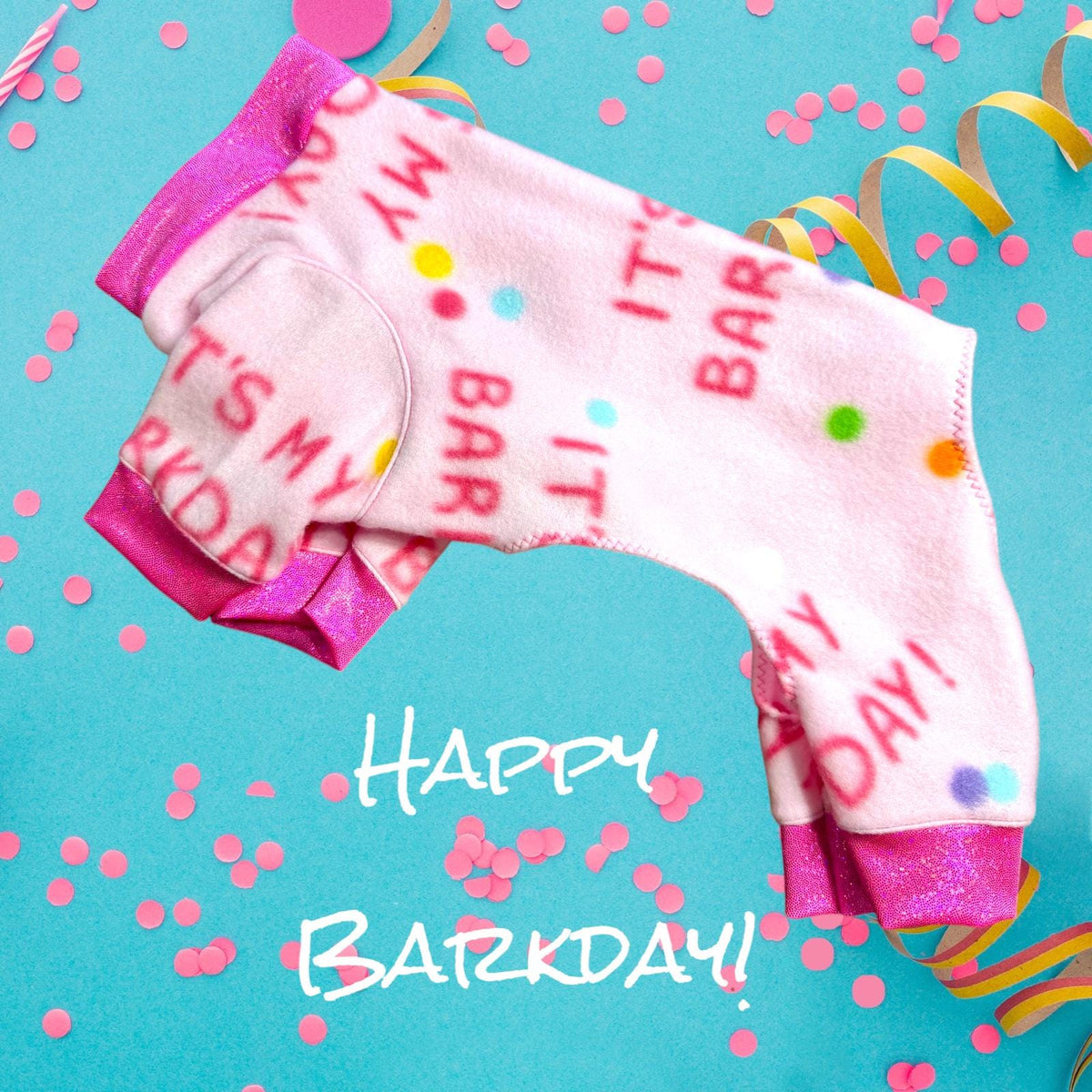 CELEBRATE MY BARKDAY In a Pink Fleece Onesie for Small Pets, Handmade Dog Apparel