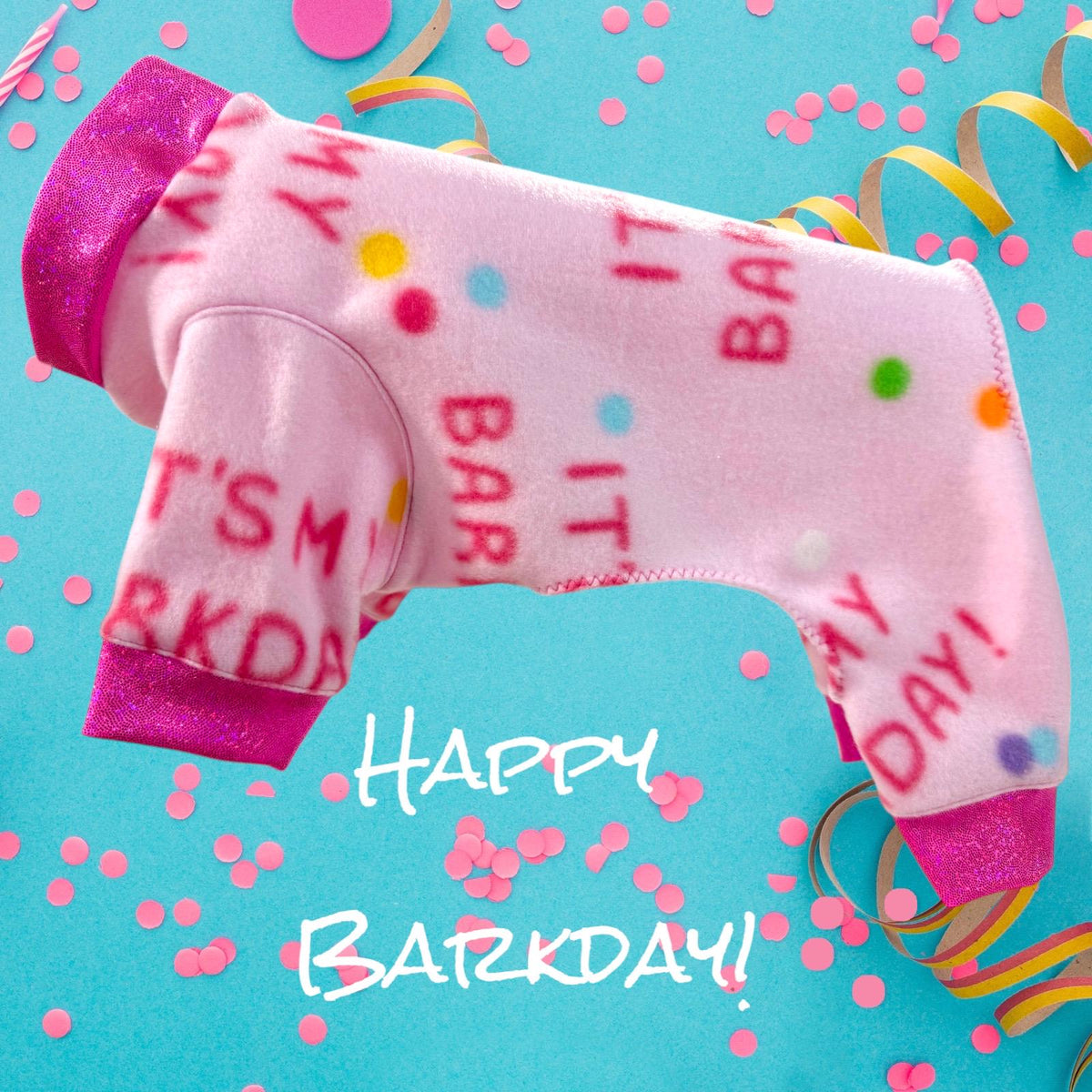CELEBRATE MY BARKDAY In a Pink Fleece Onesie for Small Pets, Handmade Dog Apparel