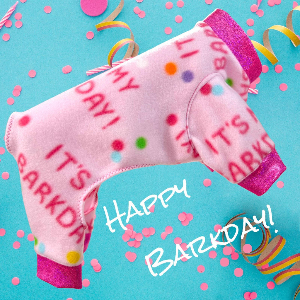 CELEBRATE MY BARKDAY In a Pink Fleece Onesie for Small Pets, Handmade Dog Apparel