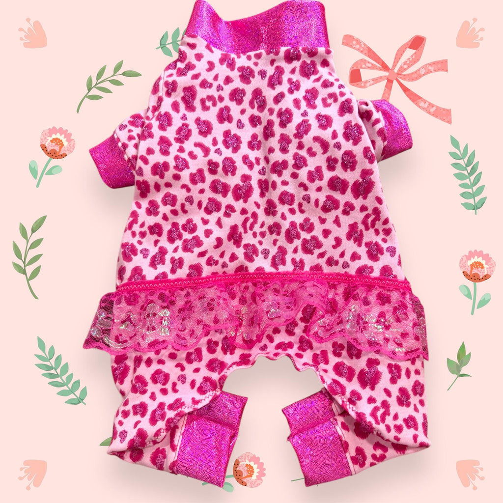 SPARKLY PINK LEOPARD Onesie for Small Dogs: Girly Dog Clothing with Tutu Skirt