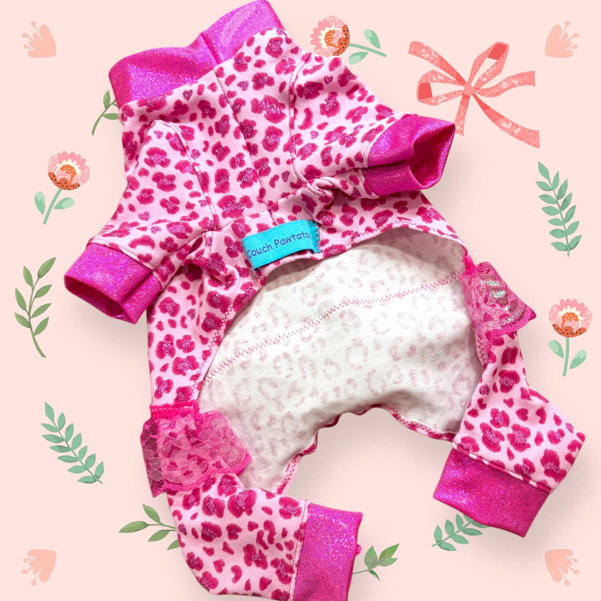 SPARKLY PINK LEOPARD Onesie for Small Dogs: Girly Dog Clothing with Tutu Skirt