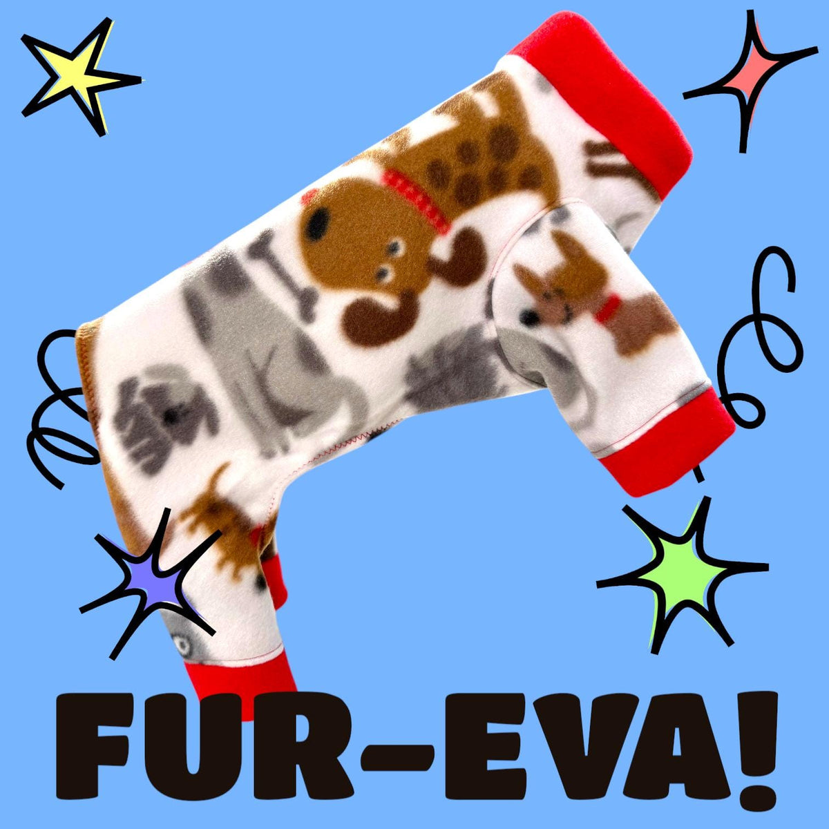 FUR-EVA FRIENDS Fleece Dog Jammies, Cozy Small Dog Onesie, Handmade Pet Clothes