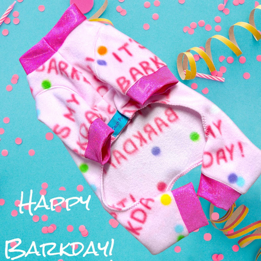 CELEBRATE MY BARKDAY In a Pink Fleece Onesie for Small Pets, Handmade Dog Apparel