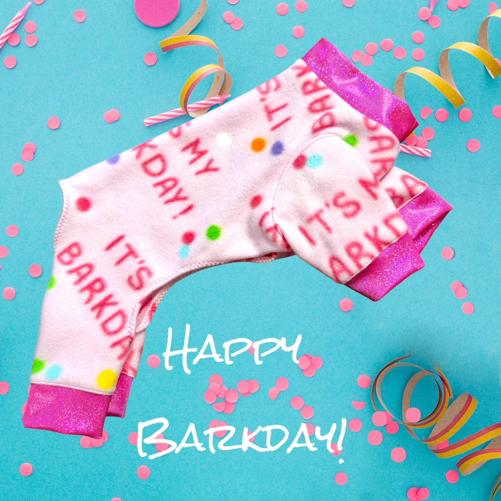 CELEBRATE MY BARKDAY In a Pink Fleece Onesie for Small Pets, Handmade Dog Apparel