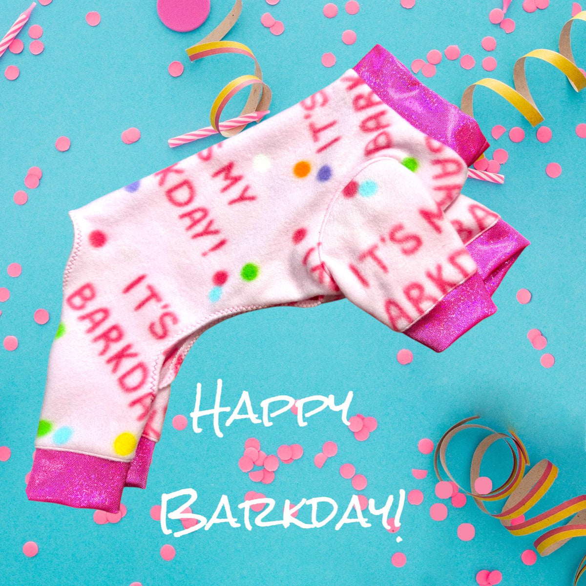 CELEBRATE MY BARKDAY In a Pink Fleece Onesie for Small Pets, Handmade Dog Apparel