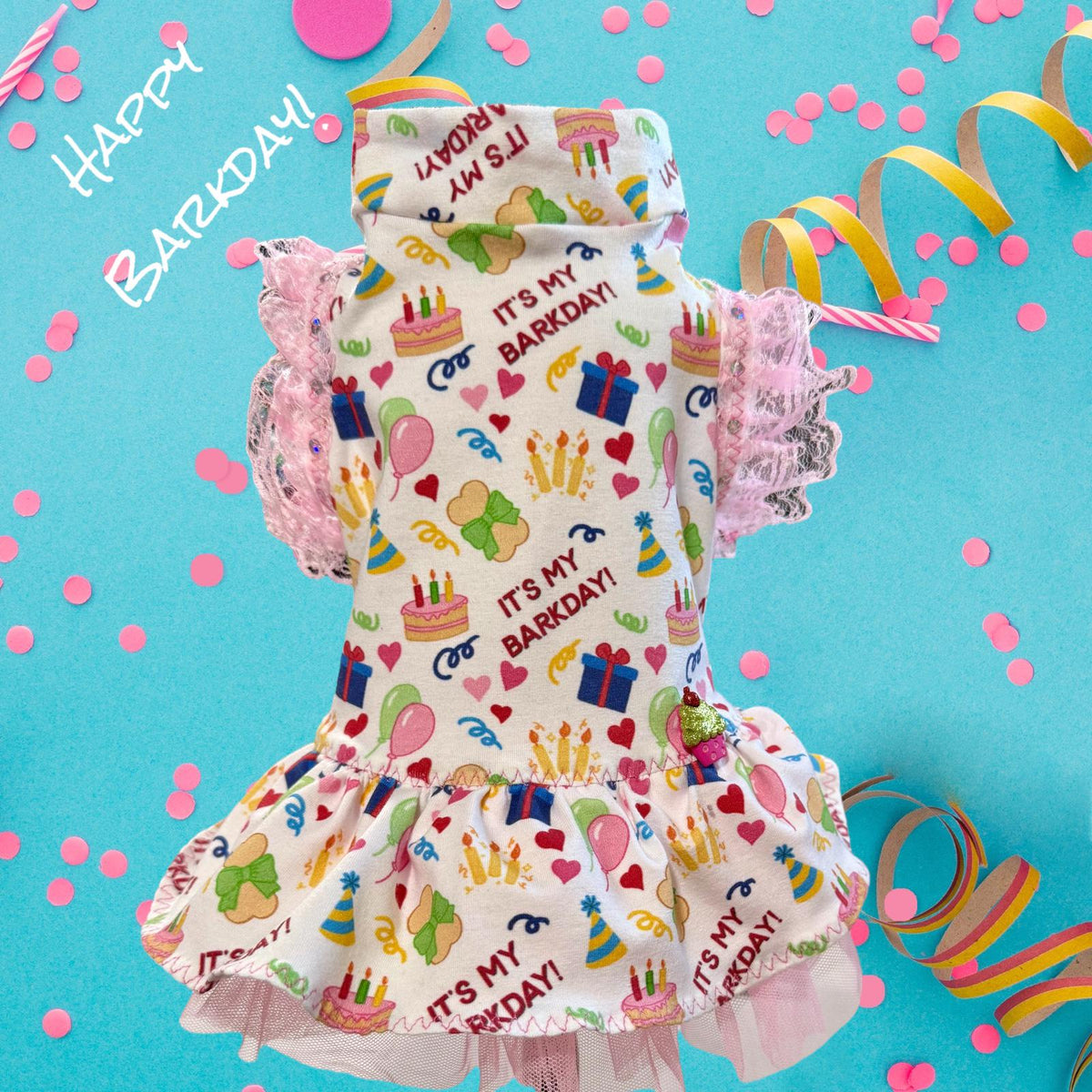 CELEBRATE MY BARKDAY Dog Dress, Handmade Dress for Small Pets