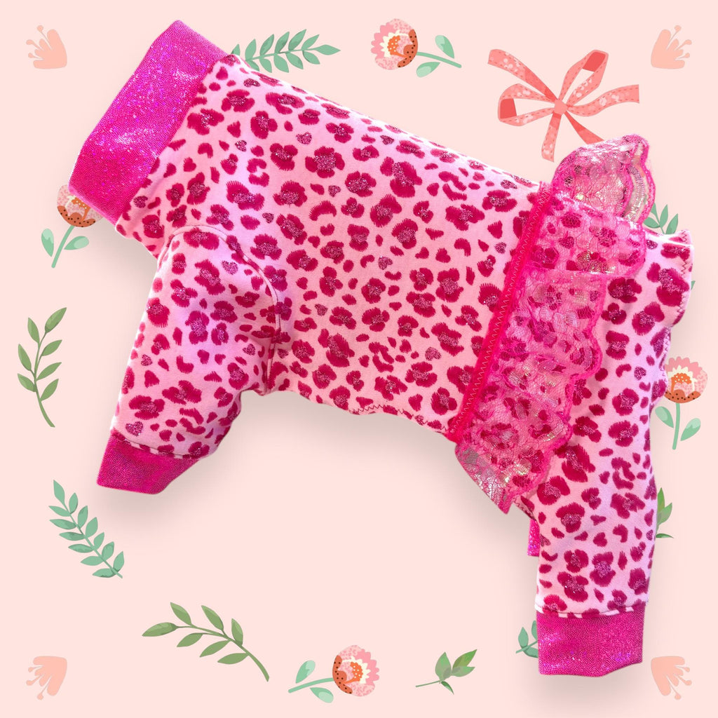 SPARKLY PINK LEOPARD Onesie for Small Dogs: Girly Dog Clothing with Tutu Skirt