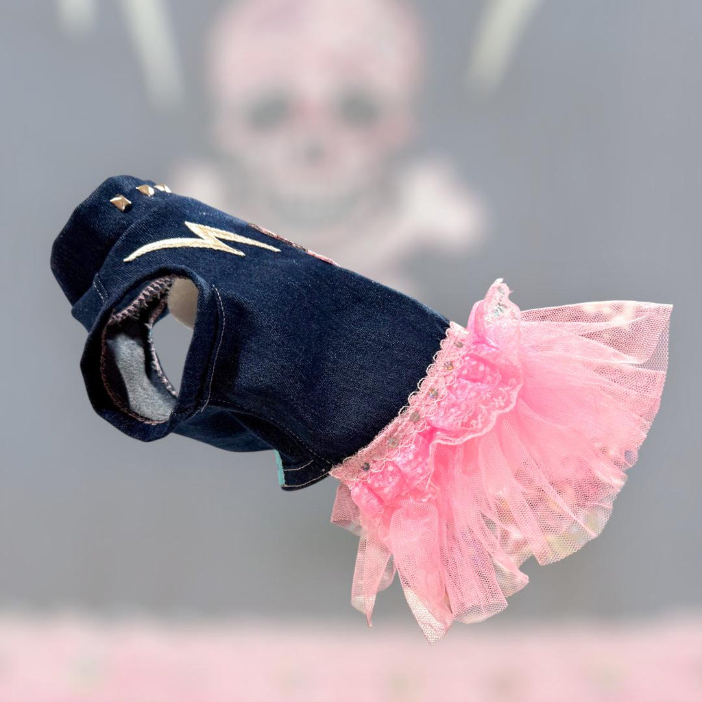 SKULL APPLIQUE' DENIM Pet Dress, Handmade Pink Tulle Dog Dress