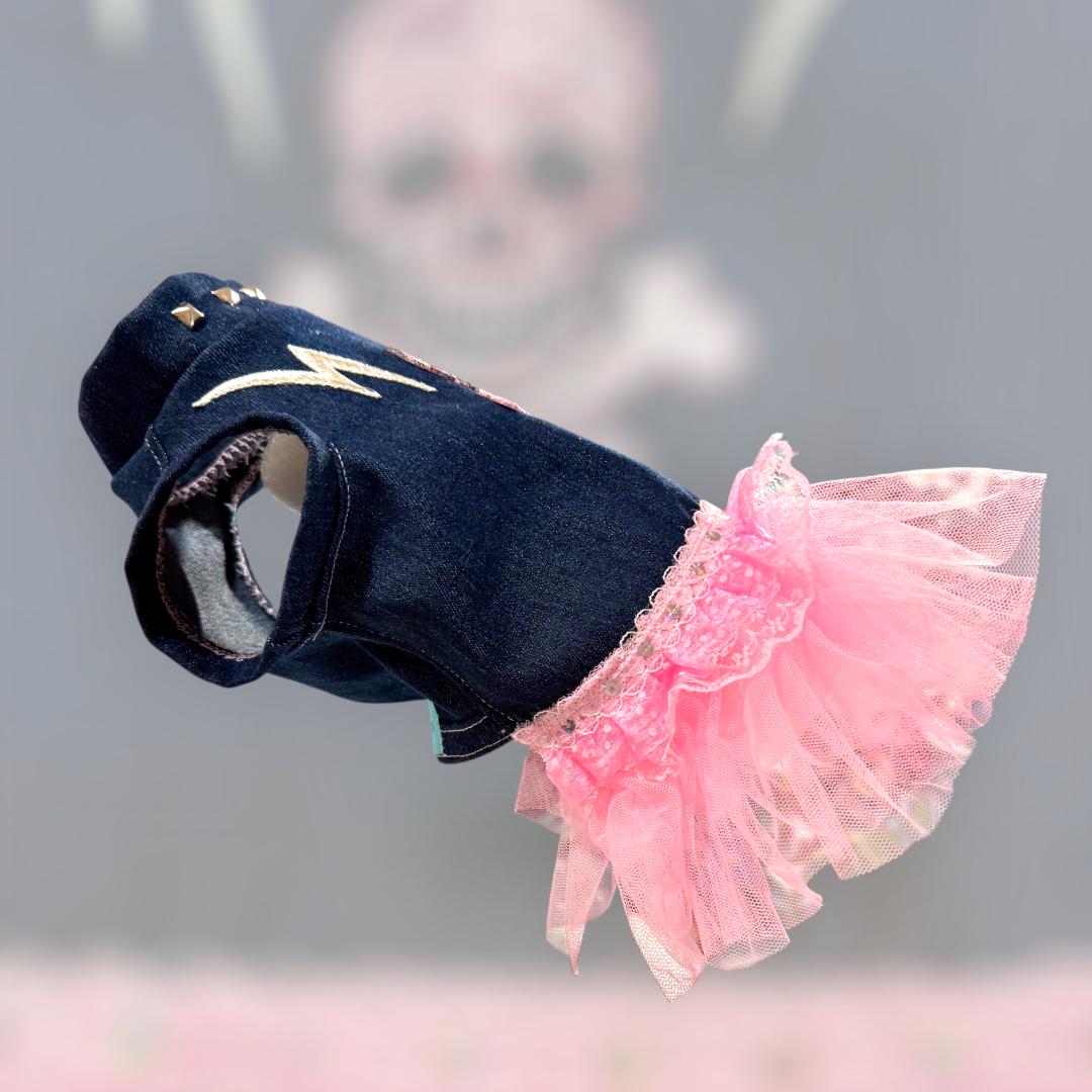 SKULL APPLIQUE' DENIM Pet Dress, Handmade Pink Tulle Dog Dress