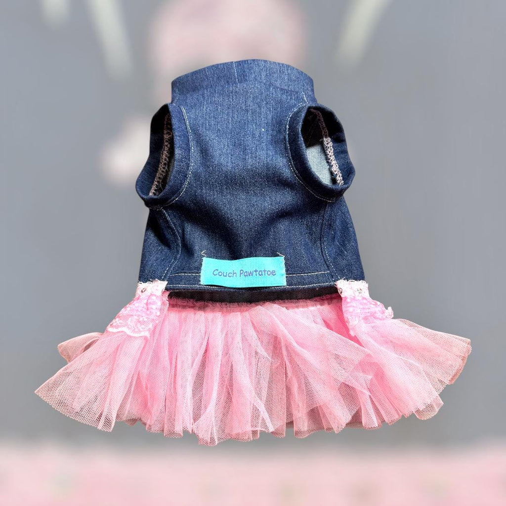 SKULL APPLIQUE' DENIM Pet Dress, Handmade Pink Tulle Dog Dress